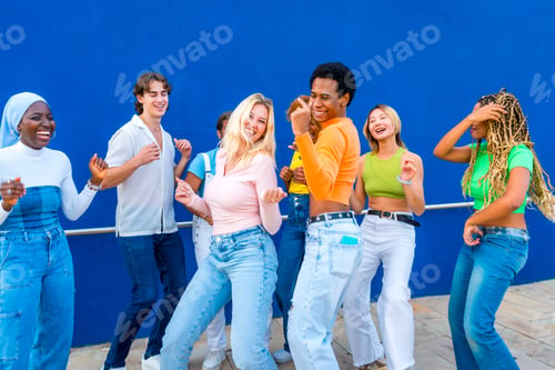 Preview: Transgender and blonde woman dancing with multicultural friends