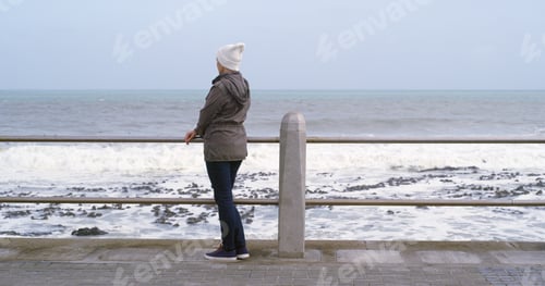 Preview: Back, woman and thinking with outdoor by ocean for relax, planning and reflection on weekend. Femal