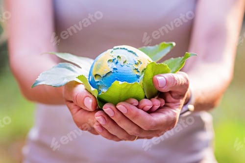 Preview: Young woman holding small planet in hands against spring or summer green background