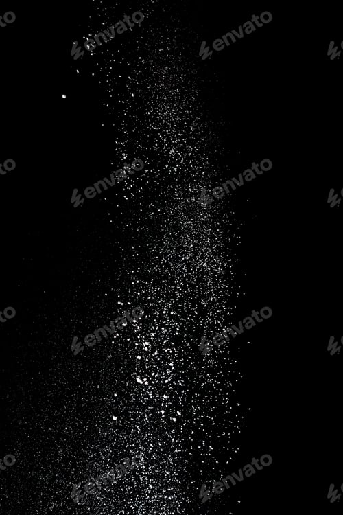 Preview: White powder splash isolated on black background. Flour sifting on a black background