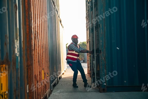 Preview: Worker safety vest hard hat shipping container logistics transportation outdoor warehouse
