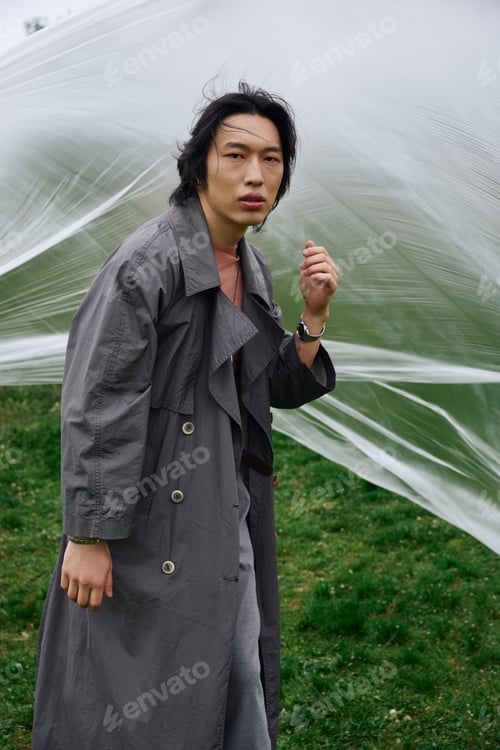 Preview: Stylish young man enjoys a serene moment in the park wearing a fashionable grey outfit