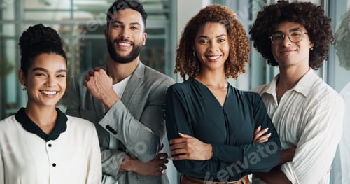 Preview: Employees, portrait and arms crossed for solidarity in office, team building and manager for suppor