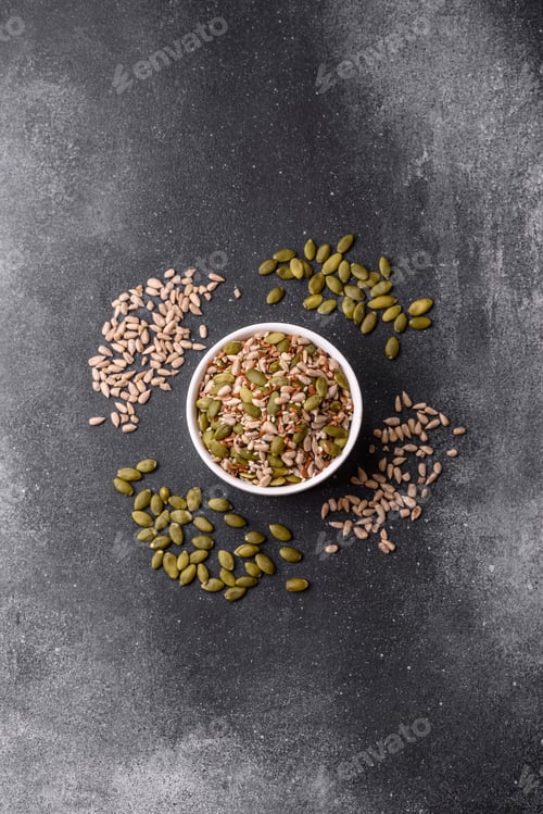 Preview: Shelled sunflower, sesame, pumpkin, and flaxseed kernels as ingredients for healthy food