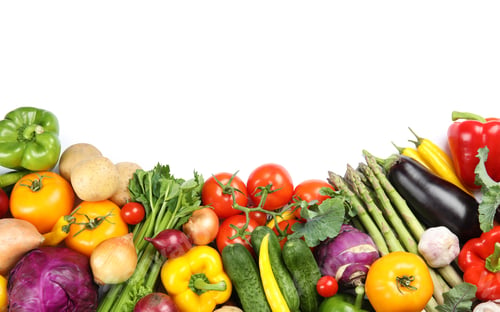 Preview: Many fresh ripe vegetables on white background, top view. Space for text