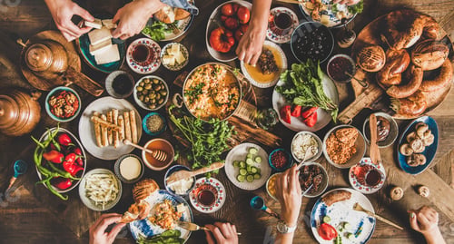 Preview: Traditional Turkish breakfast and people taking various food, wide composition
