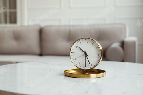 Preview: Table clock on a coffee table in a living room with a gray sofa