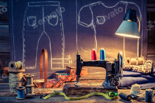 Preview: Old sewing workshop with old machine and cloth