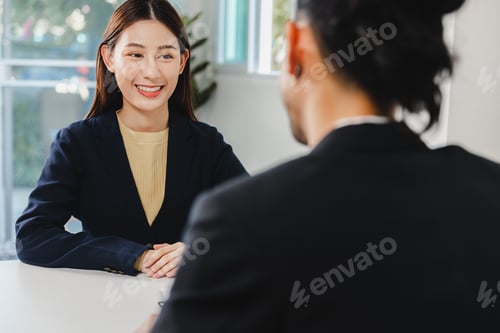 Preview: Young beautiful Asian woman candidate in black suit and long hair smiling with happiness