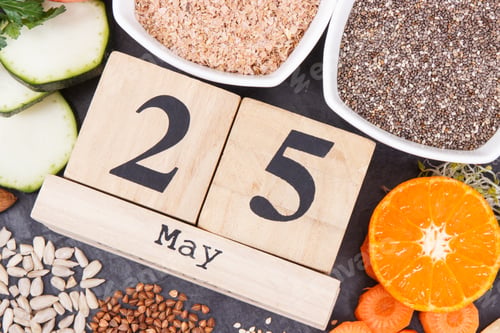 Preview: Nutritious food and May 25 on calendar as date of World Thyroid Day. Problems with thyroid