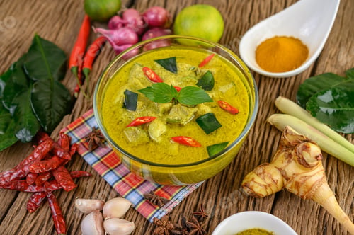 Preview: Green curry in a bowl and spices on wooden table.