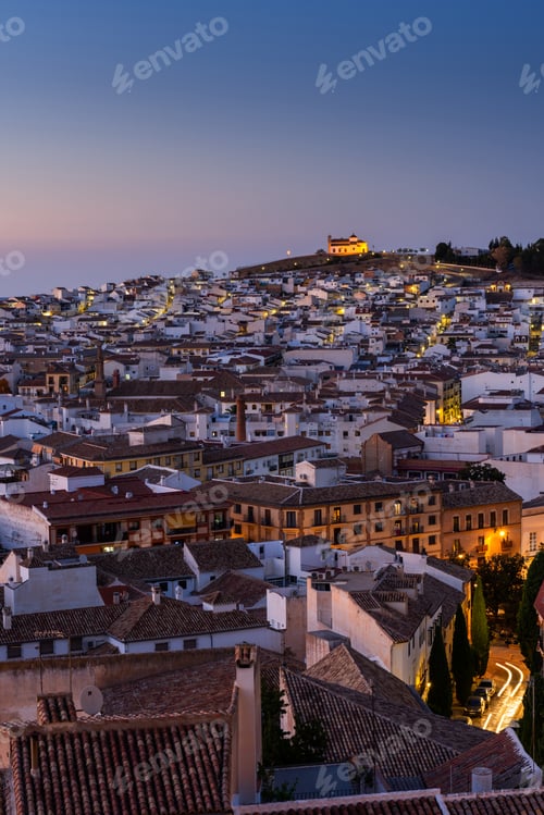 Preview: Rooftops cityscape of Antequera in Andalusia, Spain at evening