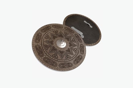 Preview: Circular metal shield with ornate detailing and handles