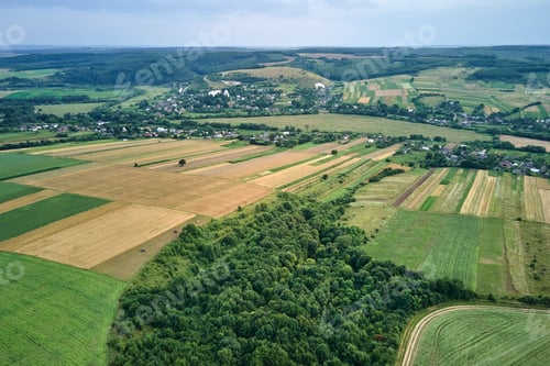 Preview: Aerial landscape view of green and yellow cultivated agricultural fields