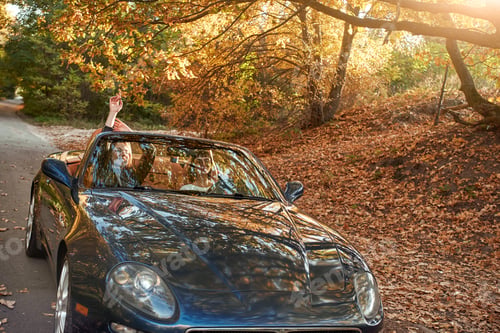 Preview: A black roofless car driving fast on the asphalt with a beautiful sunrise