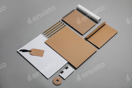 Preview: Composition with stationery on grey background. Mock up for design