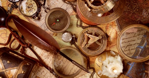 Preview: Vintage style travel and adventure. Vintage old compass and other vintage items on the table.