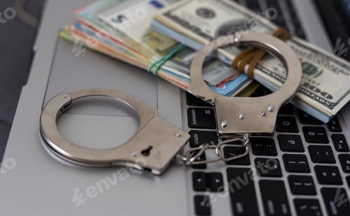 Preview: Stack of money and handcuffs on table