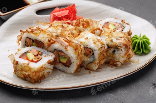 Preview: Sushi roll with tuna shavings on plate close up