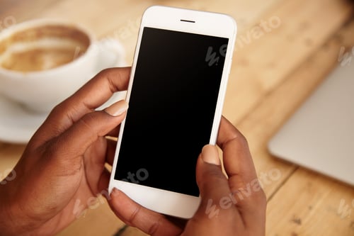 Preview: Close up of black woman's hands holding smart phone with blank copy space for your advertising conte