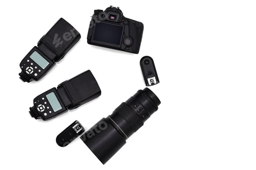 Preview: DSLR Camera, Lens, Flash, and Wireless Triggers on White Background