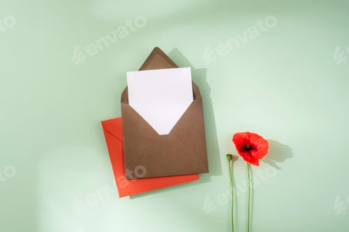 Preview: Envelope with blank card and red poppy flower on light green background with shadows. Holiday