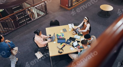 Preview: Above, laptop and studying of group, library and browsing of web, education and friends with techno