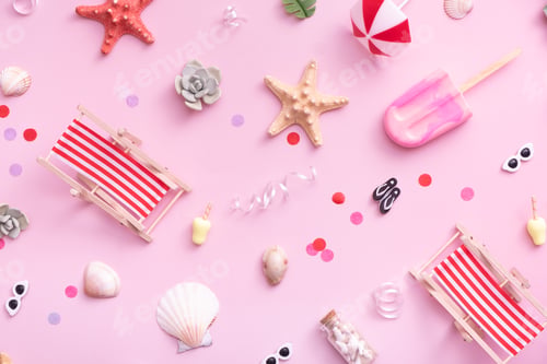 Preview: Accessories for beach holidays - deck chairs, umbrellas, ice cream top view. Beach party concept