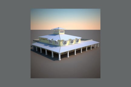 Visualização: Edifício de telhado plano de dois andares com colunas e passarela