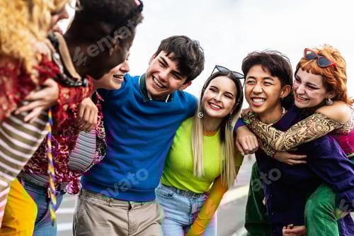 Preview: Happy young diverse friends having fun hanging out together