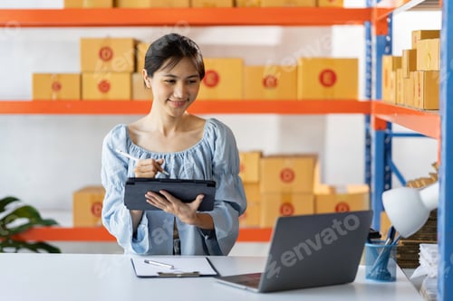 Preview: Starting small businesses SME owners female entrepreneurs Use a laptop or notebook to receive and re