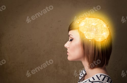 Preview: Young Girl Thinking With Glowing Brain Illustration On Grungy Background