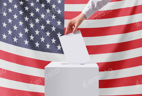 Preview: Elections, USA. A hand throws a ballot into the ballot box. USA flag. Voting concept.