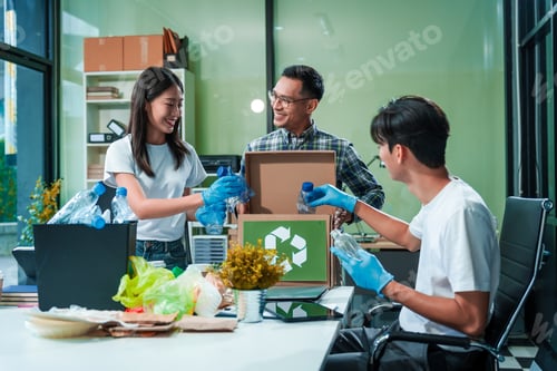 Preview: Asian team discusses waste management strategies at desk, separating plastic waste.