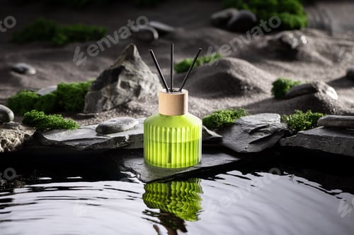 Preview: Intense fragrance diffuser in an oasis on stony black desert.