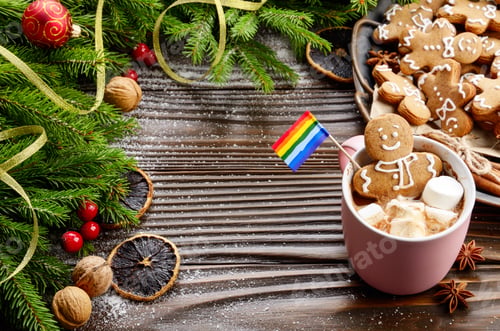 Preview: Pink mug with hot chocolate marshmallows and gingerbread man wit