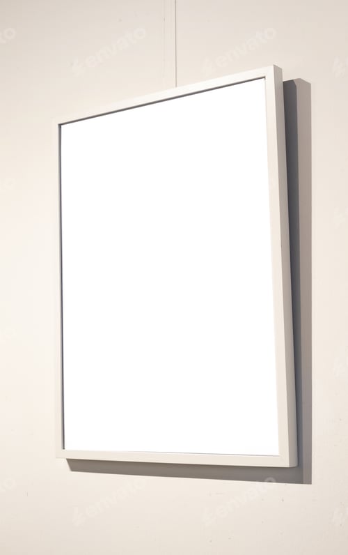 Preview: Blank picture frames on grey wall with glowing lamp, mock up