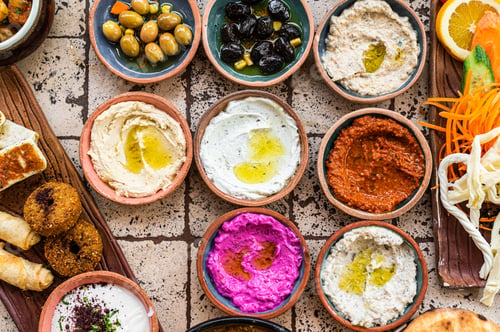 Preview: Turkish Village breakfast table served in a restaurant. Top view