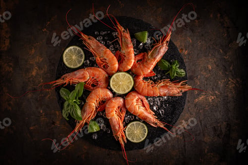 Vista previa: Flat lay of raw king shrimps