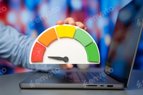 Preview: A businessman holding a performance scale showing red. Low efficiency and terrible