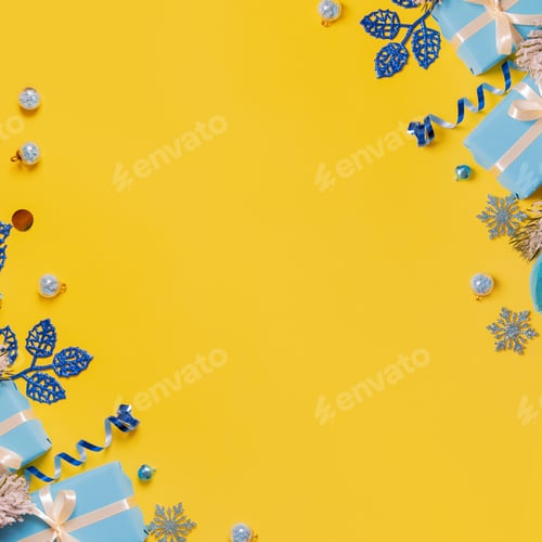 Preview: Christmas greeting card with flat lay gift boxes and bows with copy space top view