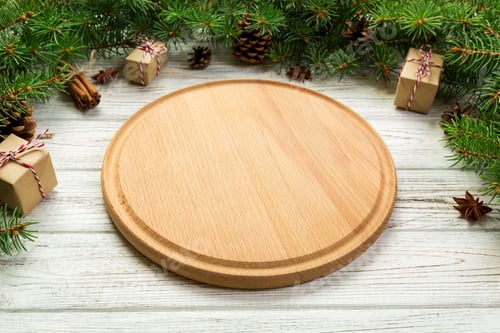 Preview: Perspective view. Empty wood round plate on wooden christmas background. holiday