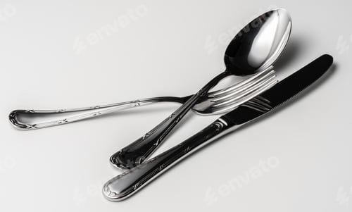 Preview: Spoon, fork and knife on a white background
