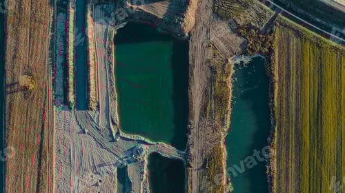 Preview: Aerial view on open pit mine of sand, hummus and coal, flooded with water