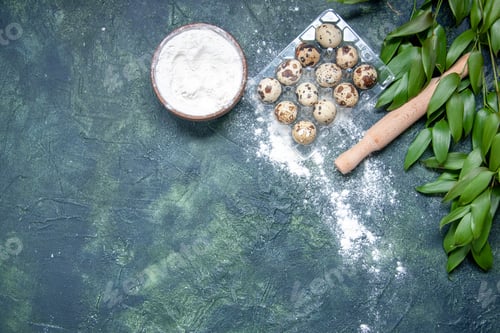 Preview: top view white flour with eggs on dark blue background dough food pastry bake oven cake pie dust