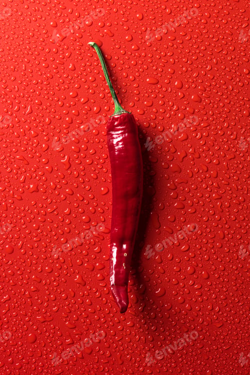 Preview: top view of red chili pepper on red surface with water drops