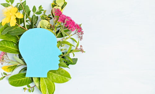 Preview: Papercut head with green leaves and flowers. Mental health, emotional wellness, contented emotions