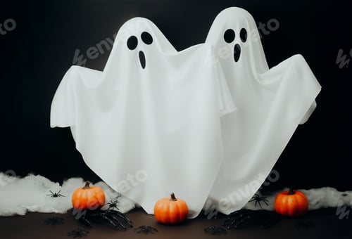 Preview: Two white ghosts float with open mouths near pumpkins and spiders against a dark background.