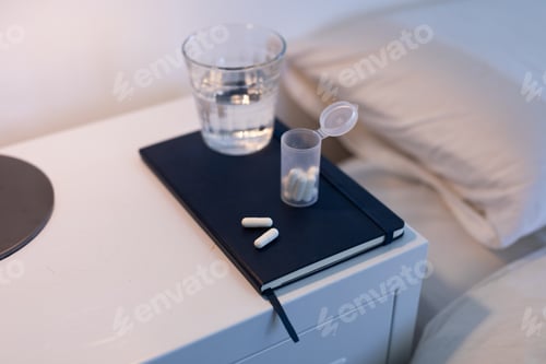 Preview: Close up of a notebook, box of tablets and a glass of water lying on a cabinet next to a bed
