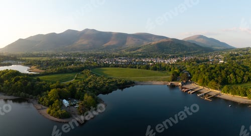 Preview: Aerial landscape panorama of Keswick Ferry and Jetty on Derwent Water lake in the UK Lake District